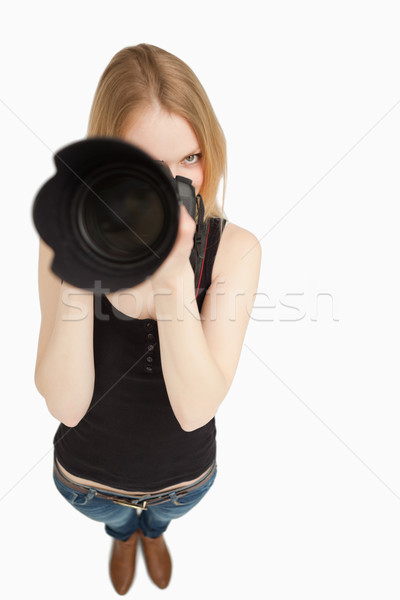 Dziewczyna kamery biały ręce szczęśliwy kobiet Zdjęcia stock © wavebreak_media