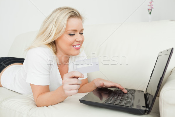 Nő néz laptop tart hitelkártya kanapé Stock fotó © wavebreak_media