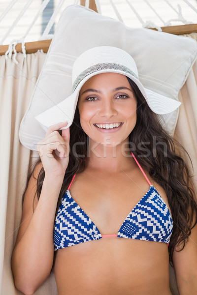 Foto stock: Bastante · morena · relajante · hamaca · patio · bikini