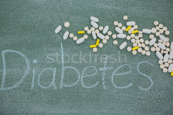 Foto stock: Medicina · pílulas · diabetes · texto · vidro