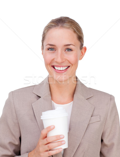 Positif femme d'affaires potable café blanche ordinateur [[stock_photo]] © wavebreak_media