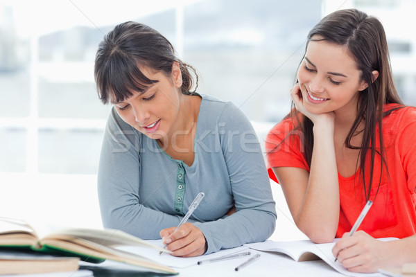 A smiling girls looks over into the work of her friend as they both study Stock photo © wavebreak_media