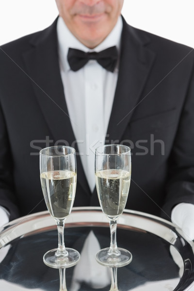ストックフォト: 男 · 銀 · トレイ · 3 · シャンパン