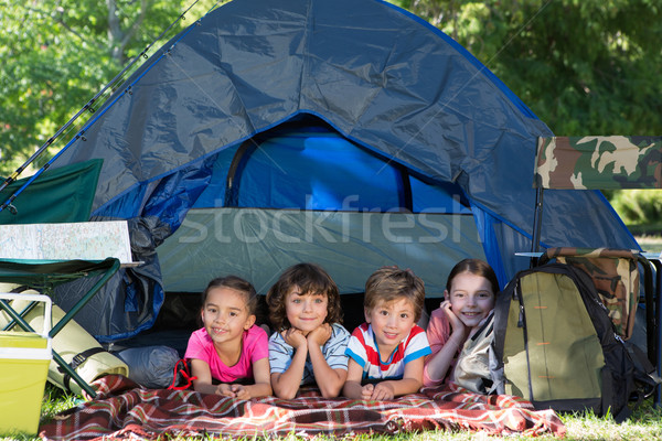 Feliz irmãos camping trio árvore Foto stock © wavebreak_media