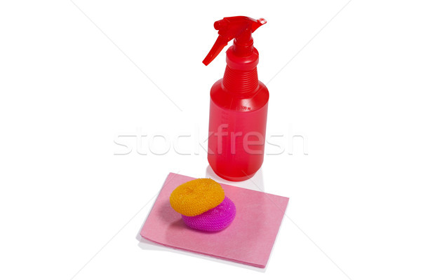 Spray bottle, scrubbers and cleaning pad on white background Stock photo © wavebreak_media