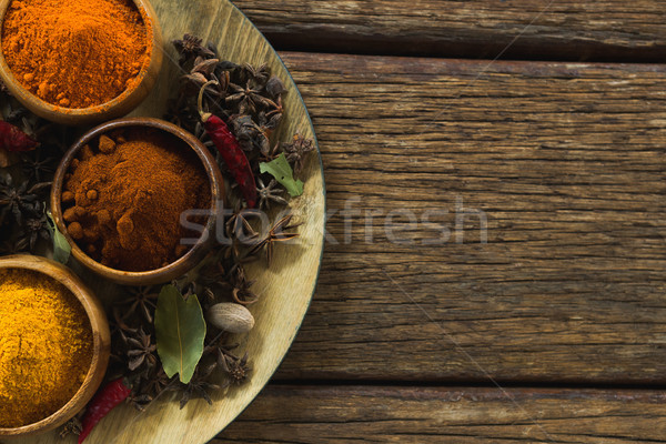 Various type of spices in plate on wooden table Stock photo © wavebreak_media