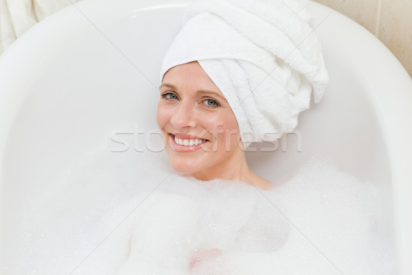 Foto d'archivio: Donna · bagno · asciugamano · testa · occhi