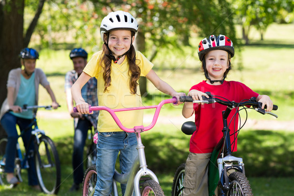 Foto stock: Família · feliz · bicicleta · parque · mulher · primavera