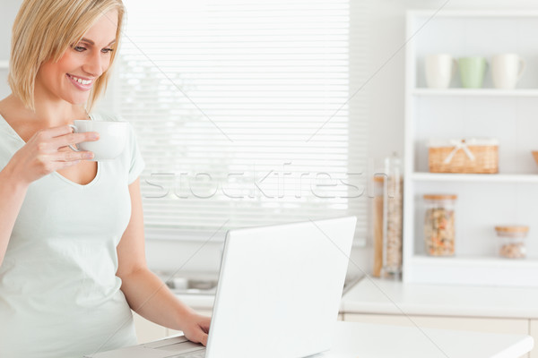 Mosolygó nő csésze kávé laptop konyha számítógép Stock fotó © wavebreak_media