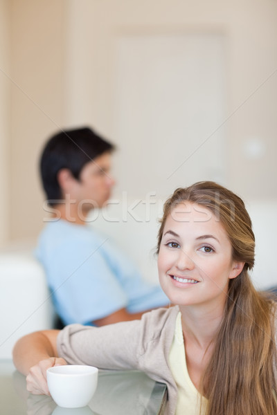 [[stock_photo]]: Portrait · femme · tasse · thé · mari · séance