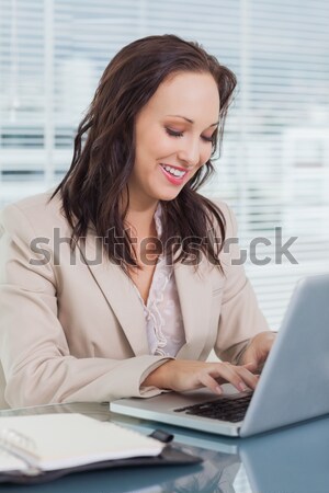 Barna hajú nő gépel táblagép laptop konyha Stock fotó © wavebreak_media