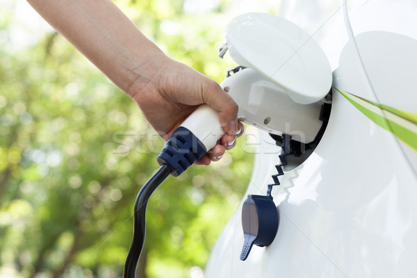 Stock photo: Hand holding an electric plug-in for charging electric car. Blur
