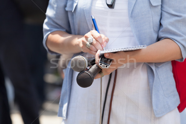 Kobiet reporter konferencja prasowa dziennikarz wiadomości konferencji Zdjęcia stock © wellphoto