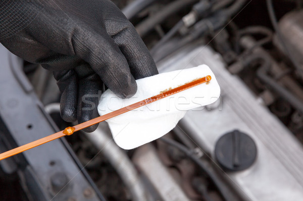 Stock photo: Measuring motor oil level in the car. Clean engine lubricant.