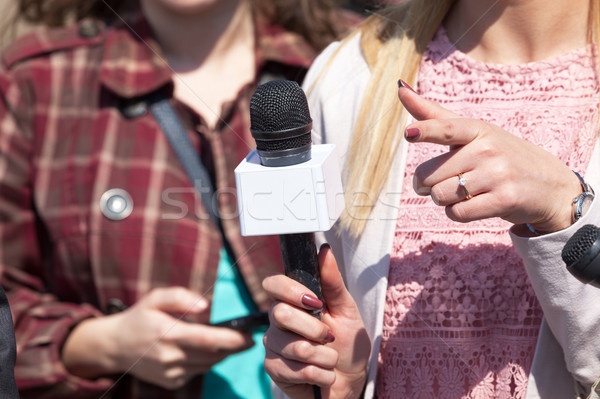 Los medios de comunicación entrevista femenino reportero micrófono Foto stock © wellphoto