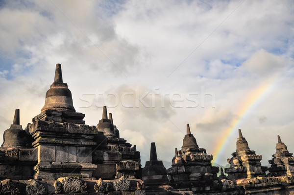 Rainbow over Stupa Buddist temple Borobudur complex in Yogjakart Stock photo © weltreisendertj