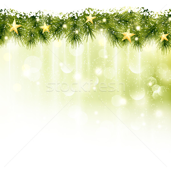 Stock photo: Border of fir twigs with golden stars in soft light green background