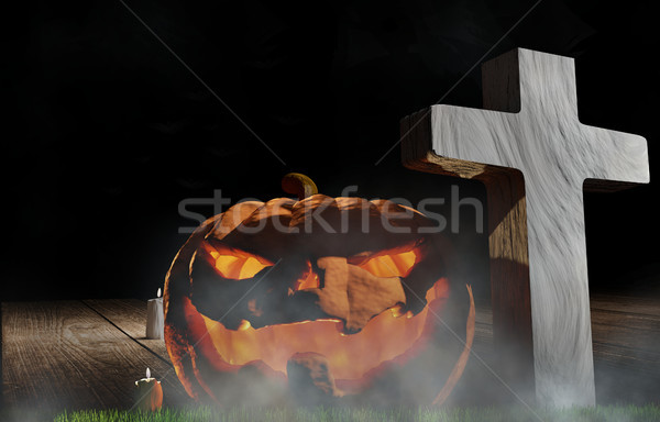 Halloween tök kereszt háttér éjszaka gonosz horror Stock fotó © Wetzkaz