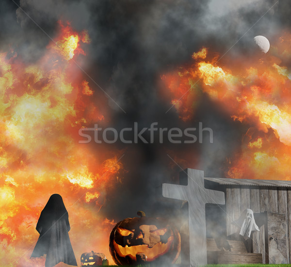 Halloween tök kereszt sír koporsó ház hold Stock fotó © Wetzkaz