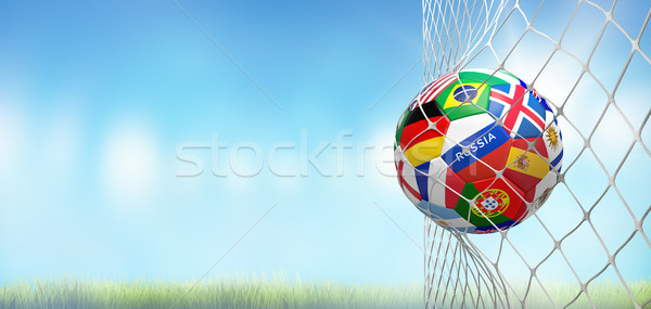 soccer goal soccer ball with flags in net at soccer stadium 3d r Stock photo © Wetzkaz