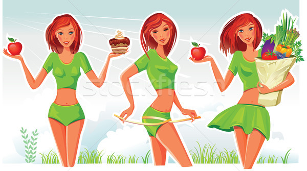 Mujer nina cuerpo manzana frutas Foto stock © Wikki