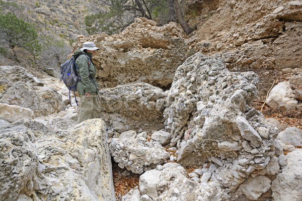 Hiker Looking at a Large Conglomerate Rock Formation Stock photo © wildnerdpix