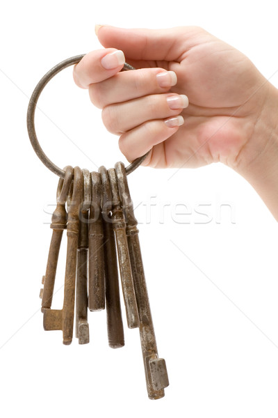 Halten Haufen rostigen Schlüssel weiblichen Hand Stock foto © winterling