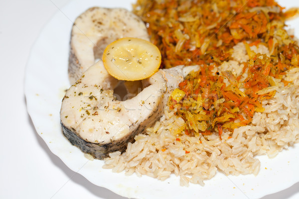 the healthy diet - brown rice with fisch and vegetable  Stock photo © wjarek