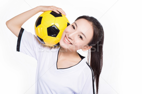 Foto stock: Mujer · balón · de · fútbol · bastante · pelo · negro · pelota