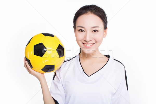 Foto stock: Mujer · balón · de · fútbol · bastante · pelo · negro · pelota