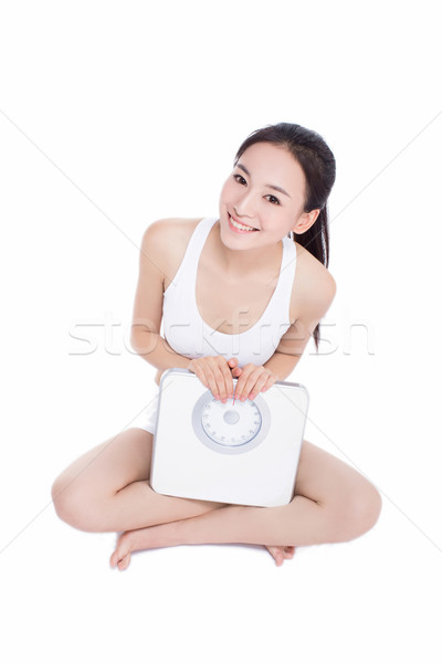 微笑的女人 浴室秤 飲食 運動 女子 秤 商業照片 © wxin