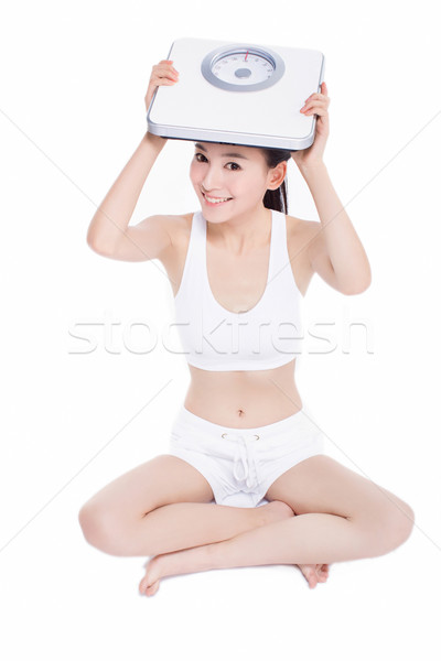 微笑的女人 浴室秤 飲食 運動 女子 秤 商業照片 © wxin
