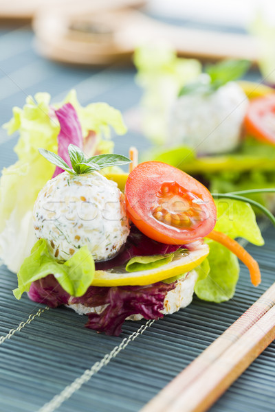 Healthy Rice Canape with Protein Cheese and Cherry Tomato, Sesam Stock photo © x3mwoman