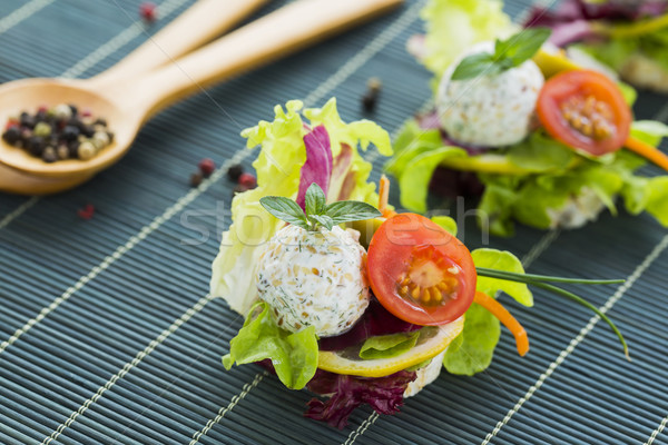 Healthy Rice Canape with Protein Cheese and Cherry Tomato, Sesam Stock photo © x3mwoman