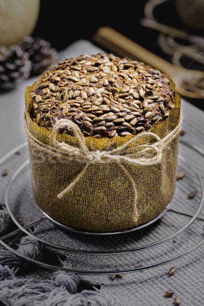 Integral Bread with Sunflower on Black Table, Gray Cloth, Rope a Stock photo © x3mwoman