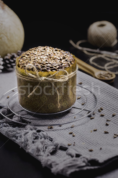Integral Bread with Sunflower on Black Table, Gray Cloth, Rope a Stock photo © x3mwoman