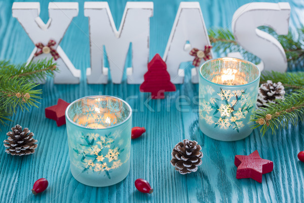 Christmas Wood Decoration in Turquoise and Red Color with Xmas T Stock photo © x3mwoman