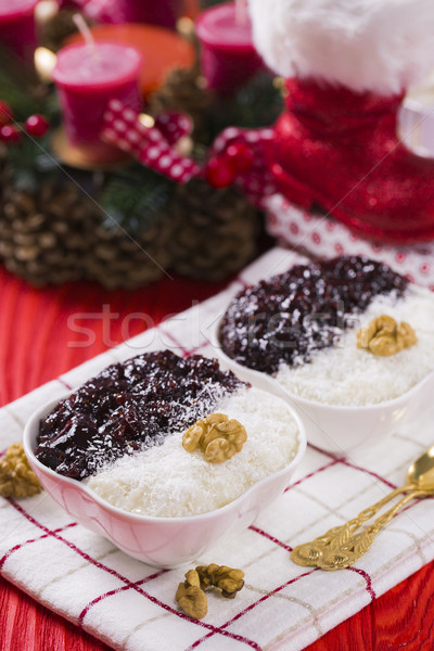Rice Pudding and Strawberry Jam with Nuts, New Year Decoration i Stock photo © x3mwoman