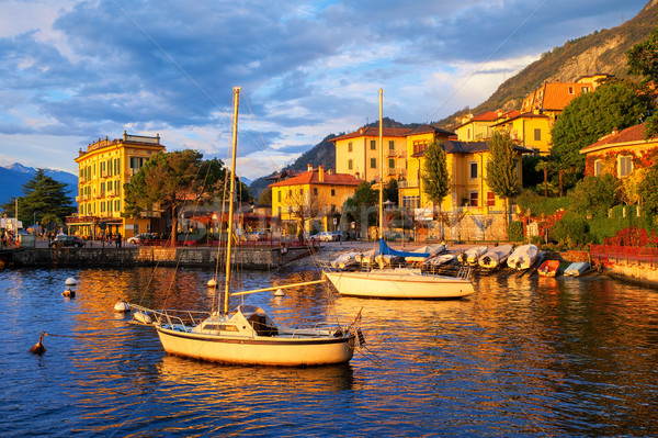 [[stock_photo]]: Port · lac · Italie · coucher · du · soleil · vieille · ville · milan