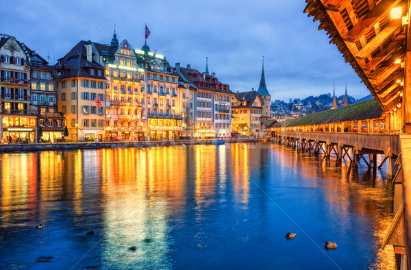 Lucerne, Switzerland, the old town from wooden Chapel bridge Stock photo © Xantana