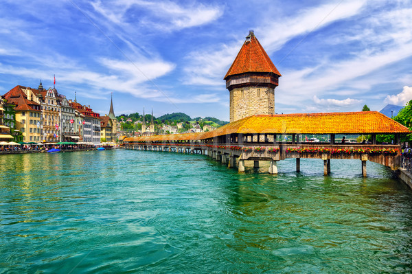 Lucerne, Switzerland, wooden Chapel Bridge and Water tower Stock photo © Xantana