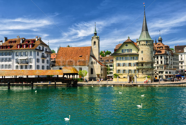 Stock foto: Ansicht · Fluss · Altstadt · Kapelle · Holz · Brücke