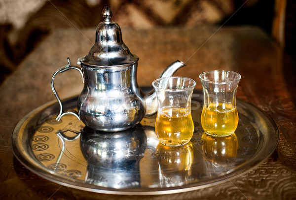 Stock photo: Set of arabic nana mint tea with metal tea pot and glasses