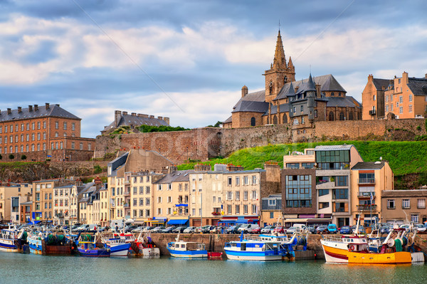 Gothic church and fishermen boats in port town Granville, Normandy, France Stock photo © Xantana