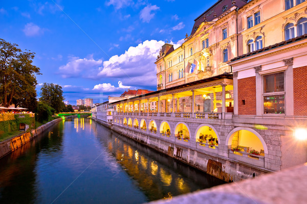 Ljubljana riverfront architecture evening view Stock photo © xbrchx