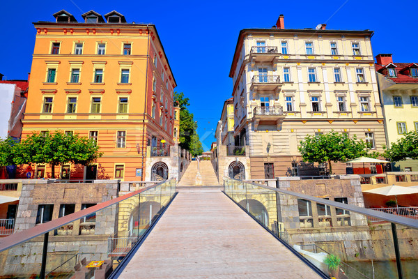 Ljubljanica river bridge and riverfront architecture of Ljubljan Stock photo © xbrchx