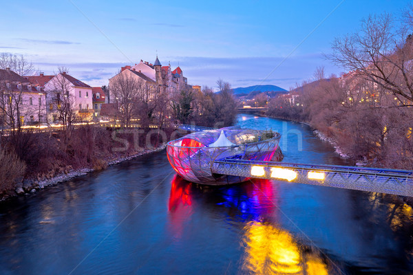 Miasta Graz rzeki wyspa wieczór widoku Zdjęcia stock © xbrchx