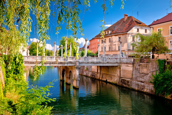 Green Ljubljanica riverfront and bridge in Ljubljana Stock photo © xbrchx