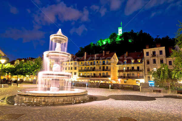 Ljubljana fountain and castle evening view Stock photo © xbrchx