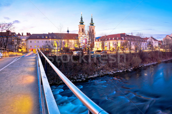 Miasta Graz rzeki wyspa wieczór widoku Zdjęcia stock © xbrchx